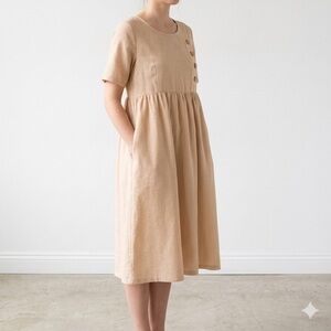 Casual Button-Accent Striped Midi Dress - Beige